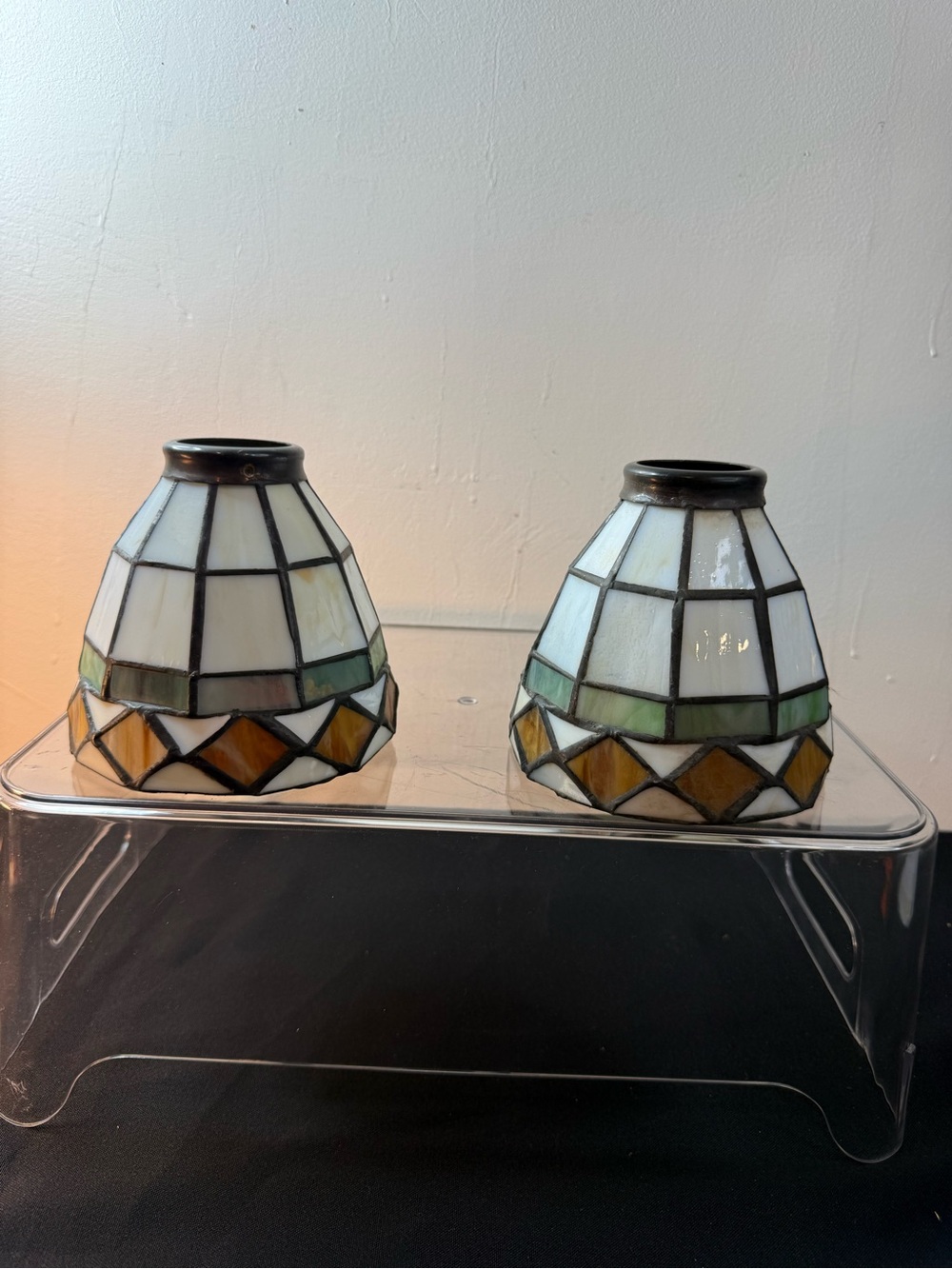Stained Glass Tiffany-Style Small Lamp Shade Pair - White, Green & Amber